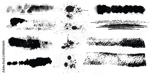 Set of paint brush stroke, ink splatter and artistic design elements. Ink splashes. Rough smears and stains. High quality manually traced. Drops blots isolated. Vector isolated elements set modern