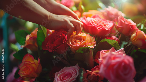 Hands of a florist arranging a bouquet of vibrant roses, background beautifully out of focus