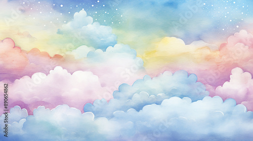 Watercolor Background with Clouds and Rainbow