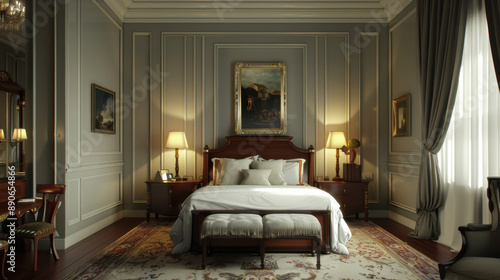 Elegant bedroom design, English Colonial style, cozy gray walls, classic furnishings