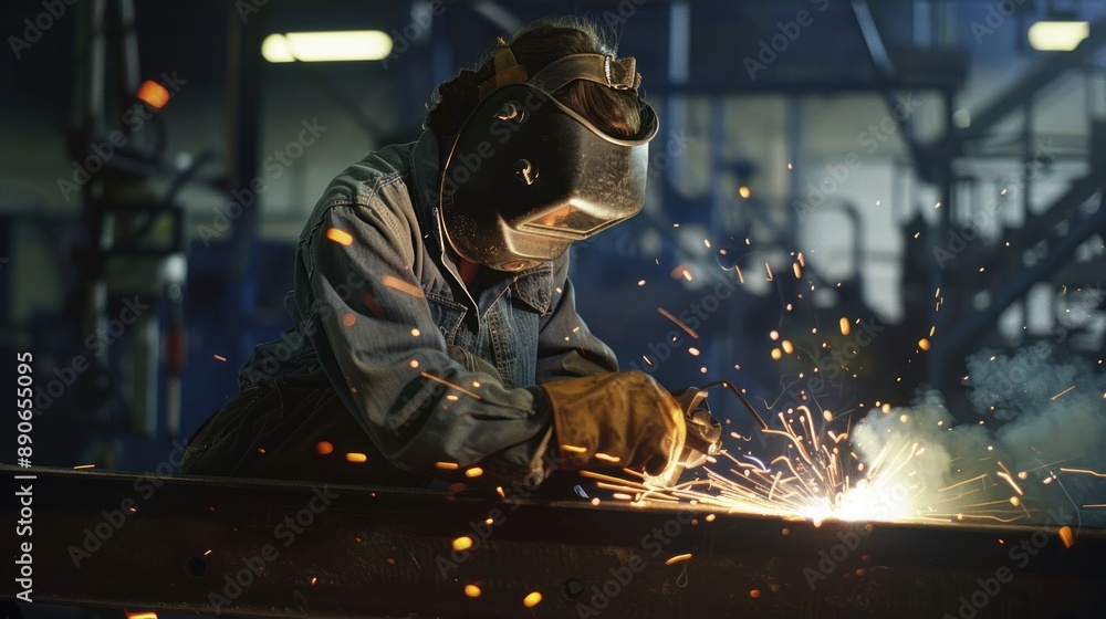Female blue-collar welder working at a union steel manufacturing yard Female blue-collar welder working at a union steel manufacturing yard