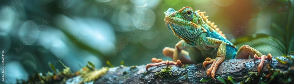 Fototapeta premium A vibrant green and blue lizard perched on a branch in a lush forest.