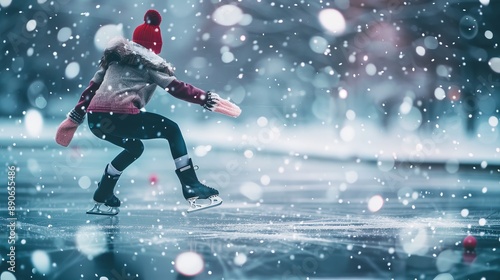 A figure dressed in cozy winter gear including a red hat and mittens, enjoying ice skating on a rink amidst softly falling snow, capturing the essence of winter joy. © Damerfie