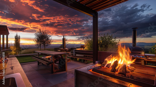 Evening BBQ with a view, grill fire blending with the sunset's warm tones