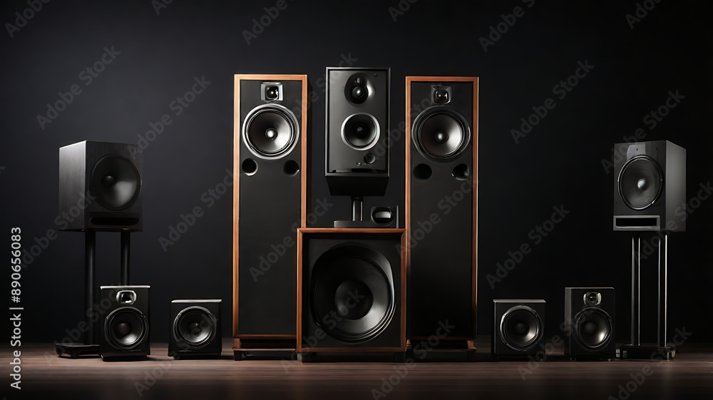 Obraz premium A loudspeakers for music and surround sound home theatre system placed in dark background with copy space, sound system banner design on isolated background 