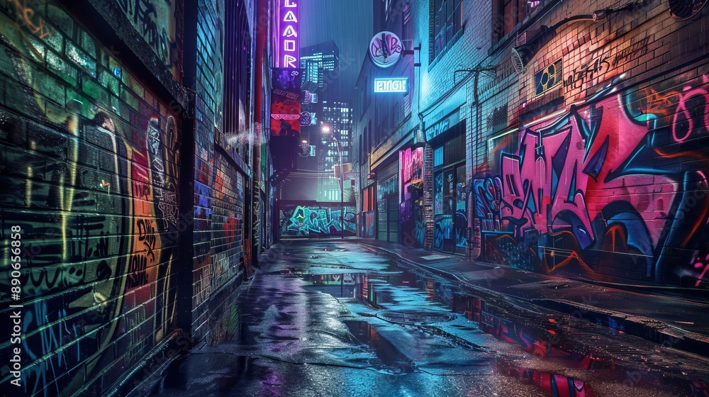 A nighttime scene of an urban alleyway illuminated by neon lights and covered in vibrant graffiti art, reflecting the dynamic and lively atmosphere of the city at night. A nighttime scene of an urban alleyway illuminated by neon lights and covered in vibrant graffiti art, reflecting the dynamic and lively atmosphere of the city at night.