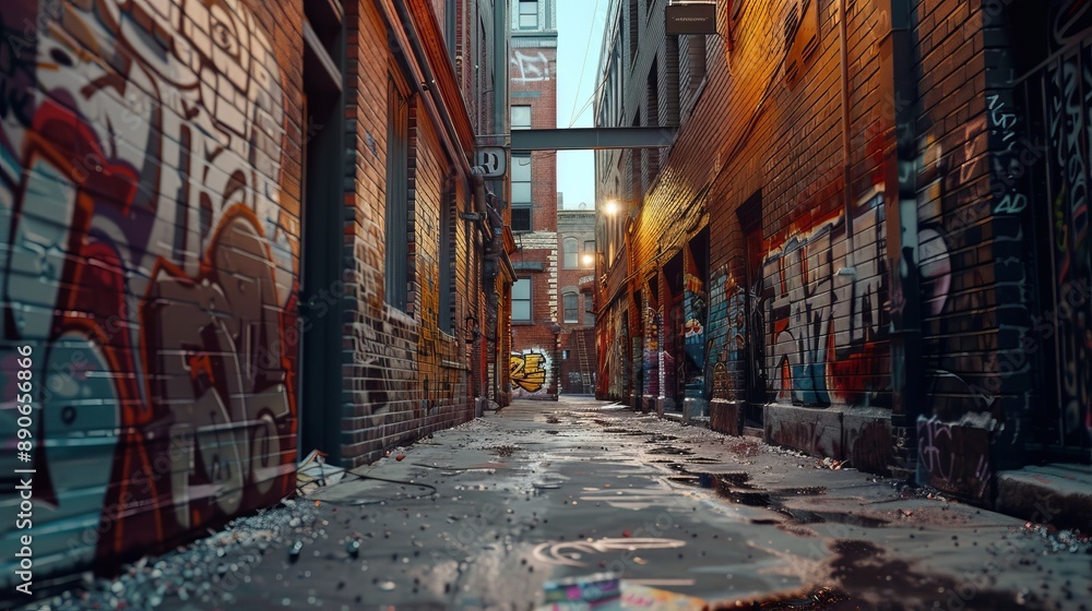 Fototapeta premium Detailed graffiti art covering the walls of a wet and dimly lit urban alleyway, reflecting the raw expression of urban creativity and the pulse of city life.