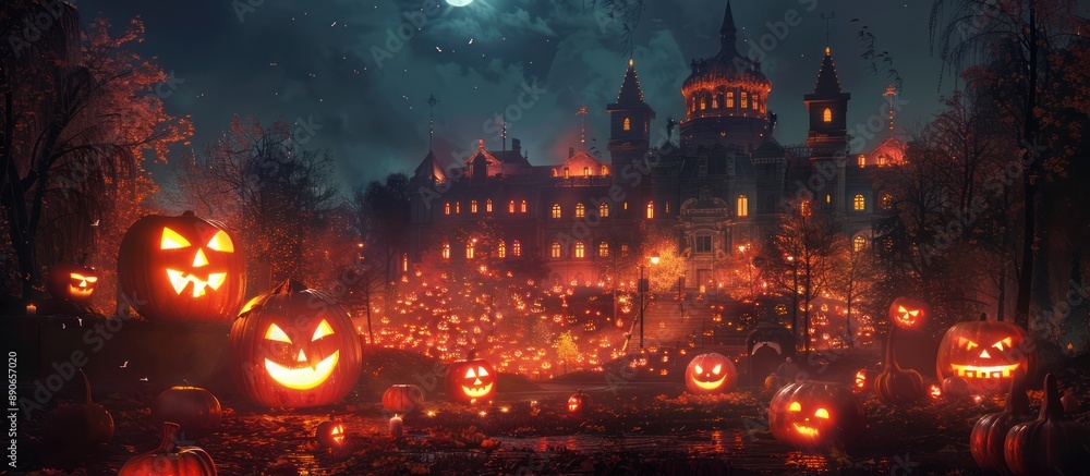 Fototapeta premium Spooky Halloween Night with Jack-O-Lanterns and a Haunted Mansion
