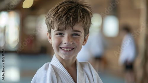 A young boy wearing a karate uniform smiles broadly, capturing a moment of joy and pride. The background suggests a gym or training area, emphasizing his dedication to martial arts.