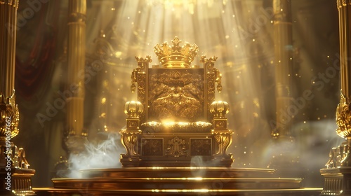 Shining crown and throne, symbols of rulers, with space for text.輝く王冠と王座、支配者の象徴、テキスト用スペース付き。Generative AI	