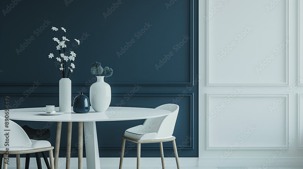 A minimalist dining area with a white table A minimalist dining area with a white table