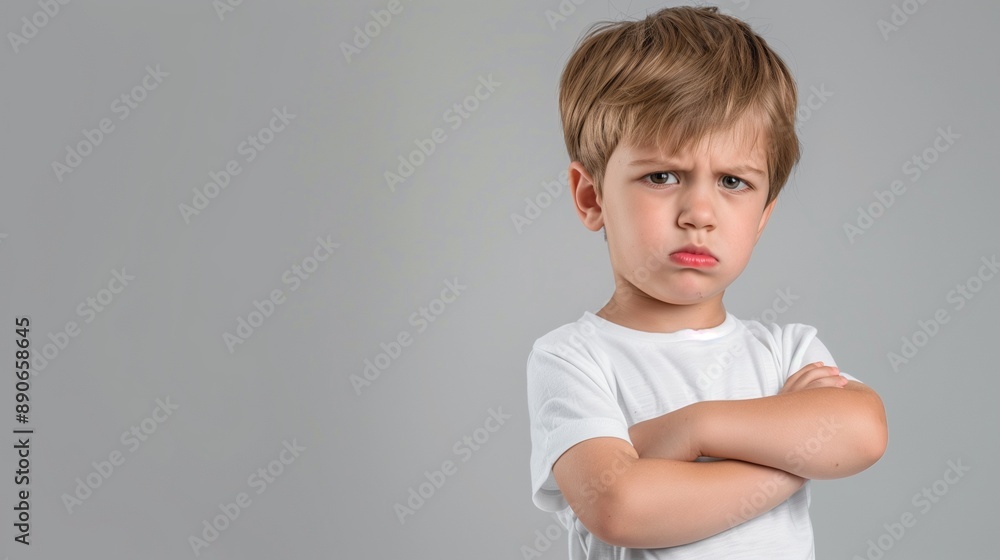 An angry little boy stands with a furious expression, arms crossed. The background is plain, providing ample space for copy text. An angry little boy stands with a furious expression, arms crossed. The background is plain, providing ample space for copy text.