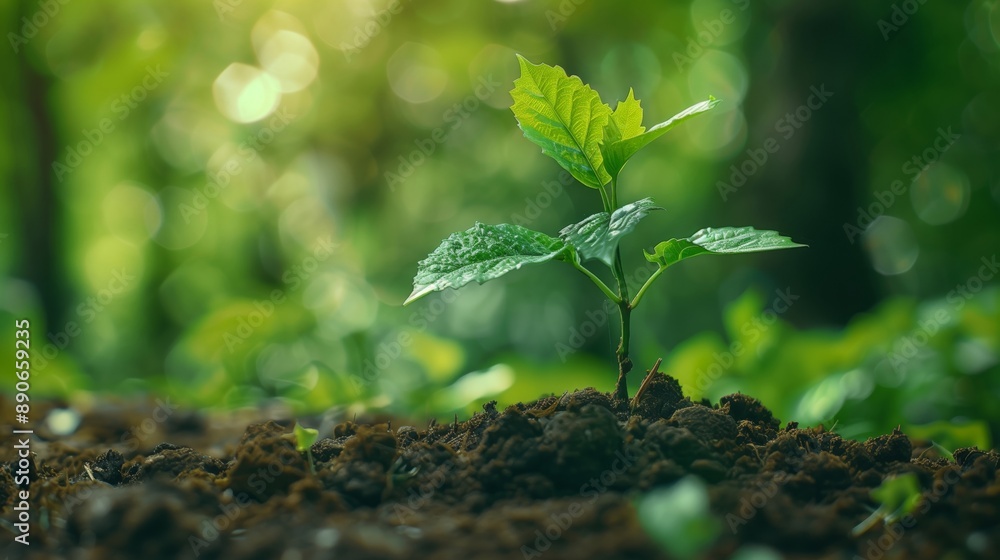 A small seedling growing in fertile soil under sunlight in a forest A small seedling growing in fertile soil under sunlight in a forest