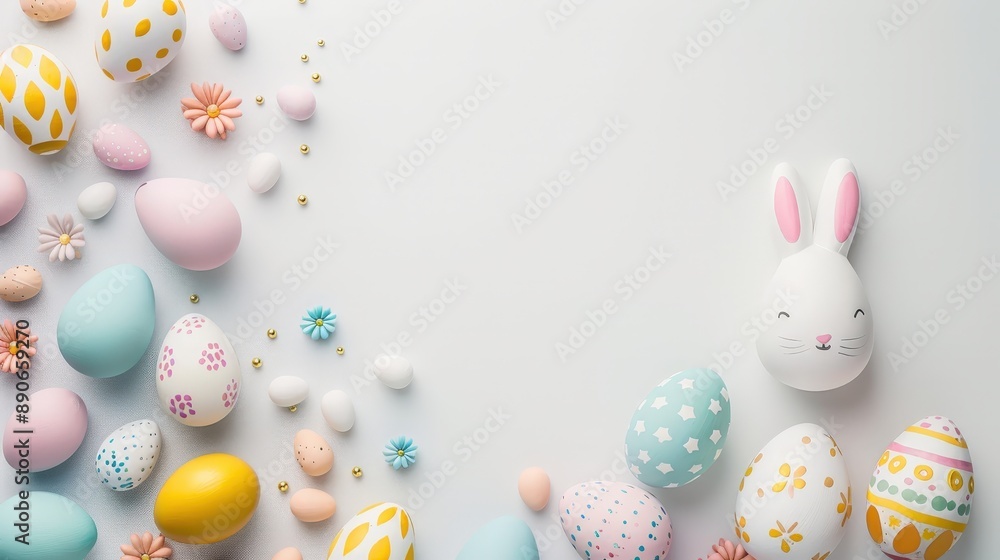 Colorful Easter eggs, a painted bunny, and spring decorations on a white background Colorful Easter eggs, a painted bunny, and spring decorations on a white background