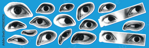 Art eyes stickers vector illustration. Retro halftone texture eye