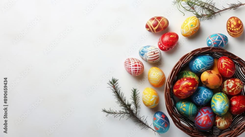 Fototapeta premium Easter eggs are scattered around a woven basket filled with colorful eggs