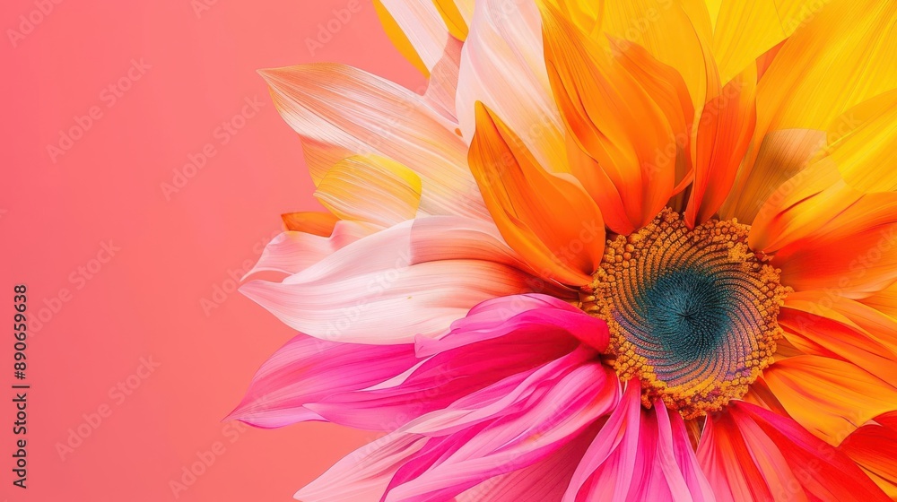 Close up of a vibrant sunflower with pink and orange petals against a coral background. Close up of a vibrant sunflower with pink and orange petals against a coral background.