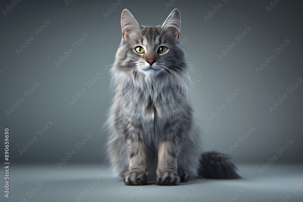 Fototapeta premium Gray Cat with Green Eyes Sitting Gracefully Against Gray Background