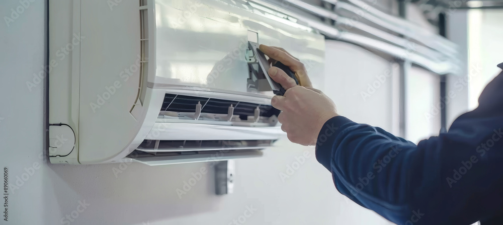 A technician's hands carefully clean the fresh air grille of an indoor cassette mini-split system A technician's hands carefully clean the fresh air grille of an indoor cassette mini-split system