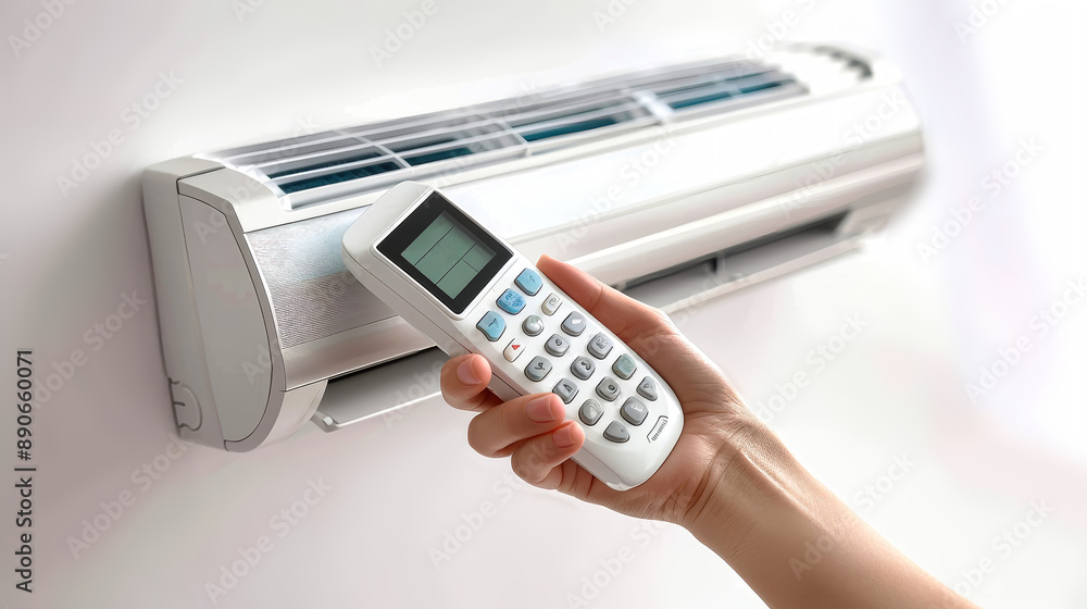 A hand holds a white air conditioner remote control in front of a white wall-mounted unit