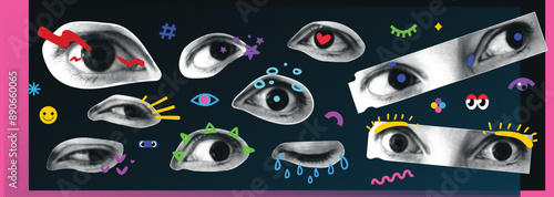 Art eyes sticker vector illustration. Retro halftone texture eye
