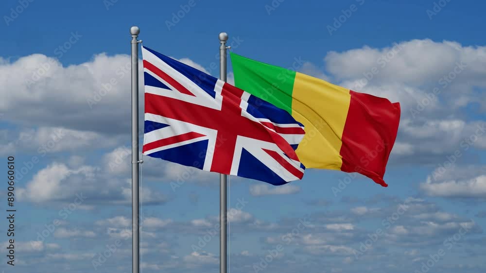 Mali and United Kingdom flags waving together, looped video, two country relations concept Mali and United Kingdom flags waving together, looped video, two country relations concept