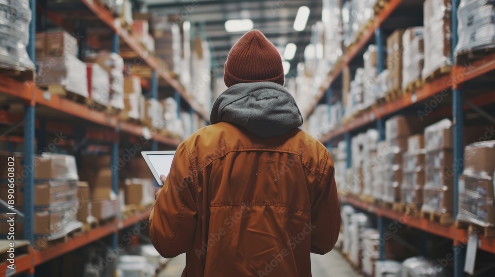 Worker in warehouse with tablet in front of pallets Worker in warehouse with tablet in front of pallets