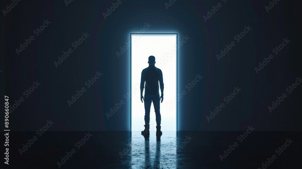 Fototapeta premium Man standing in front the open door in the dark hallway