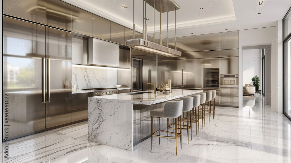 Modern white kitchen interior with island and bar stools. Minimalist open concept design Modern white kitchen interior with island and bar stools. Minimalist open concept design