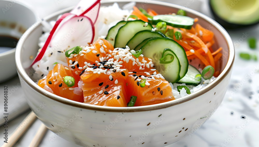 Hawaiian salmon fish poke bowl with rice, radish,cucumber, tomato, sesame seeds and seaweeds. Buddha bowl. Diet food Hawaiian salmon fish poke bowl with rice, radish,cucumber, tomato, sesame seeds and seaweeds. Buddha bowl. Diet food