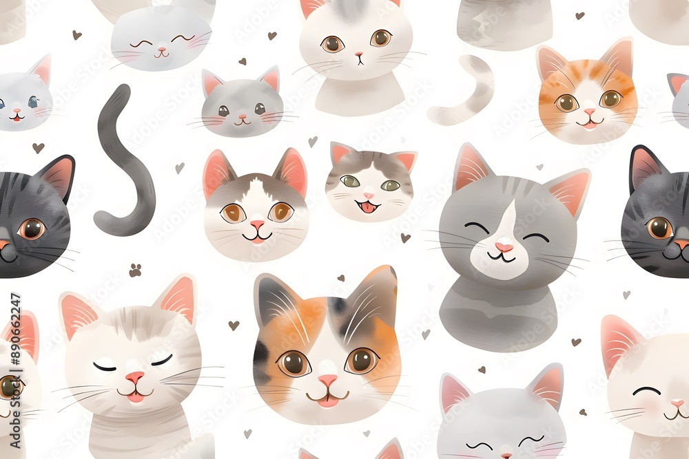 Obraz premium Seamless pattern with adorable cat faces and cute expressions on a white background.