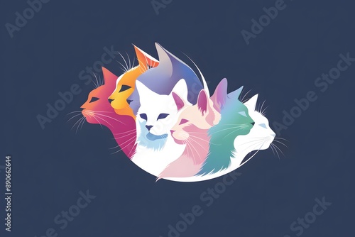 Colorful abstract illustration of multiple cat heads on a dark blue background