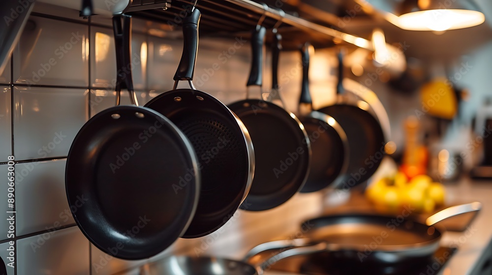 Black Frying Pans Hanging in a Kitchen Black Frying Pans Hanging in a Kitchen