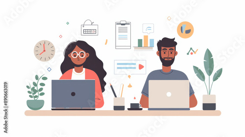 Male and female financial consultants from India, utilizing laptops to research and innovate in banking