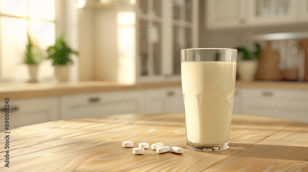 Glass of milk next to scattered pills on a wooden table Glass of milk next to scattered pills on a wooden table