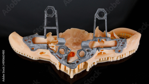 dental model with two surgical templates for complex zygomatic implantation on a black background