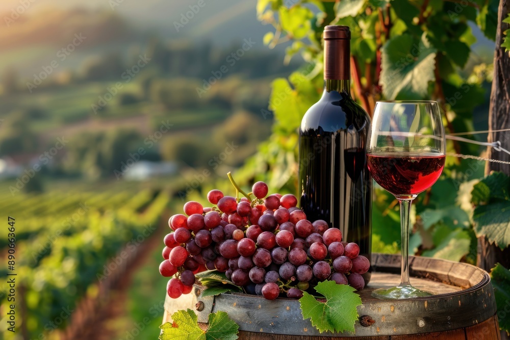 Fototapeta premium Close-up of a bottle of red wine, glass of red wine, bunch of ripe red grapes above an old wooden barrel