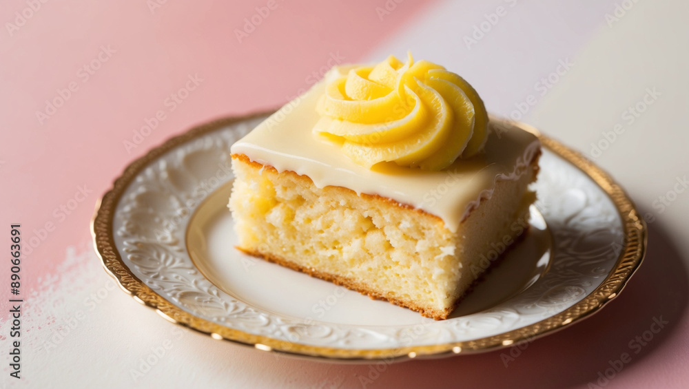 A Slice of Yellow Cake with Lemon Frosting on an Ornate Plate A Slice of Yellow Cake with Lemon Frosting on an Ornate Plate
