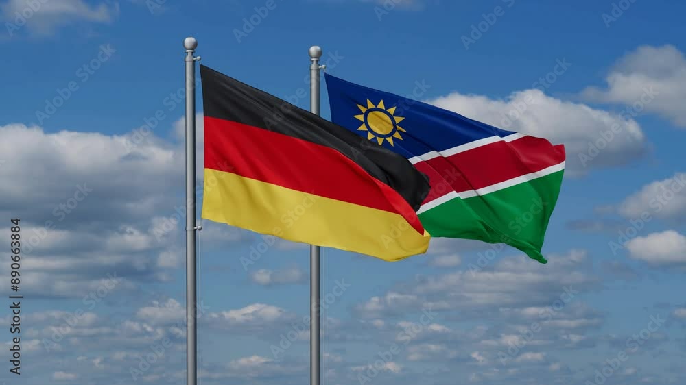Germany and Namibia flags flying together, video concept of the relationship, two country relations concept Germany and Namibia flags flying together, video concept of the relationship, two country relations concept