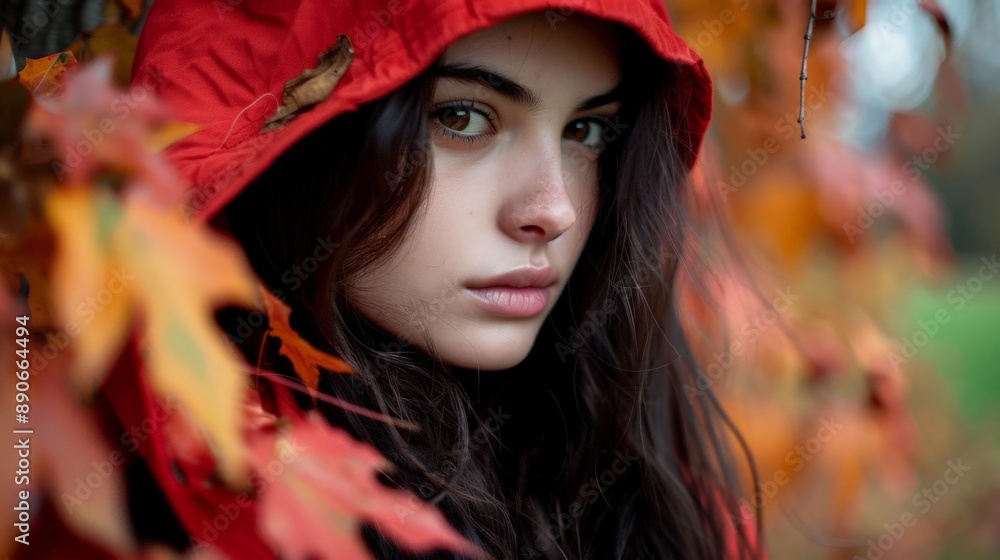 A woman in a red hood looks intensely through a veil of autumn leaves A woman in a red hood looks intensely through a veil of autumn leaves