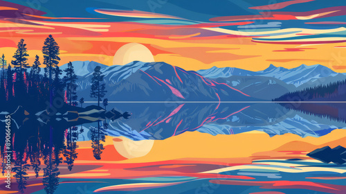 Wallpaper Mural Lake Tahoe during sunrise or sunset in minimal colorful flat vector art style illustration.   Torontodigital.ca