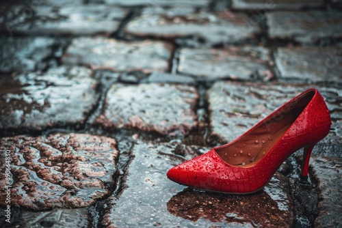 a red high-heeled shoe abandoned on a city street, on a Roman porphyry pavement, wet from the rain photo