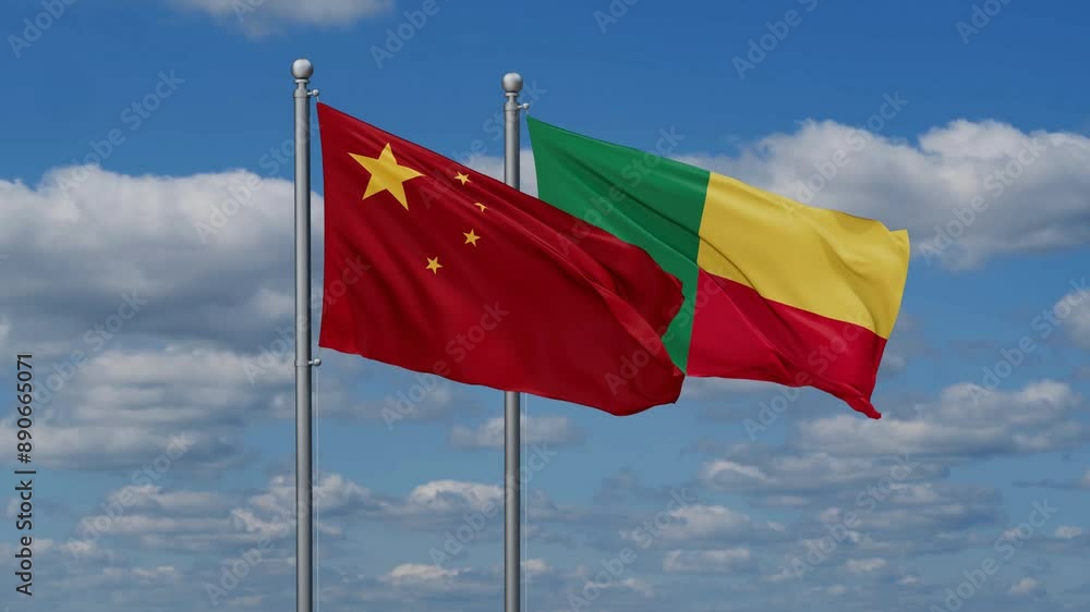 China and Benin flags flying together, video concept of the relationship China and Benin flags flying together, video concept of the relationship