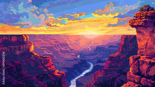 Grand canyon national park, arizona in pixel art video game style illustration. 