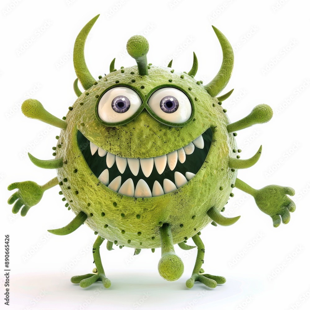A friendly, green, cartoon germ stands with a wide smile, ready to spread cheer A friendly, green, cartoon germ stands with a wide smile, ready to spread cheer