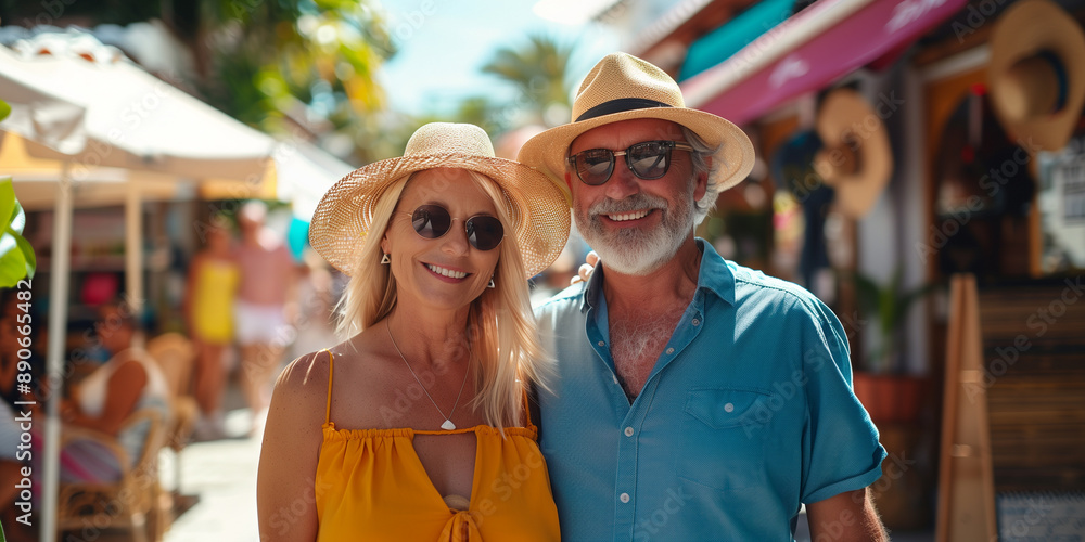 Happy Couple Enjoying a Sunny Day Out. A cheerful older couple, both wearing hats and sunglasses, smile brightly while enjoying a sunny day out in a vibrant, outdoor market or street scene. Their casu Happy Couple Enjoying a Sunny Day Out. A cheerful older couple, both wearing hats and sunglasses, smile brightly while enjoying a sunny day out in a vibrant, outdoor market or street scene. Their casu