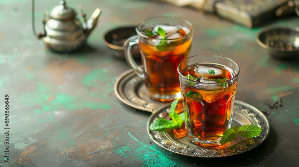 Fresh Moroccan ice mint tea in glasses with mint Fresh Moroccan ice mint tea in glasses with mint