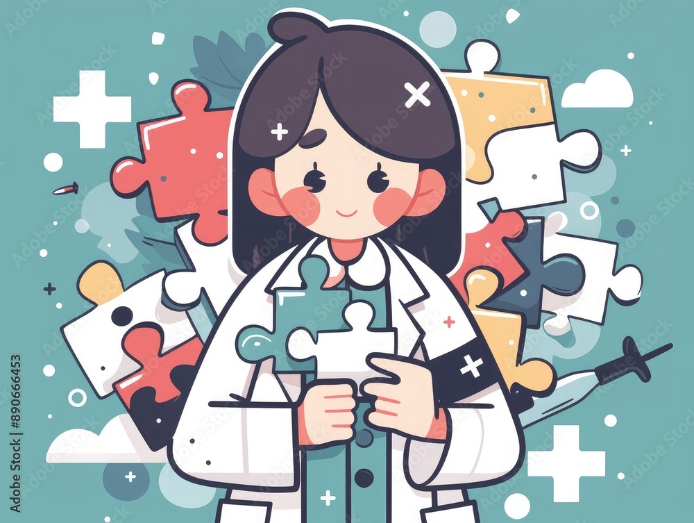 Surgeon gripping jigsaw parts, clinical solution, flat design illustration Surgeon gripping jigsaw parts, clinical solution, flat design illustration