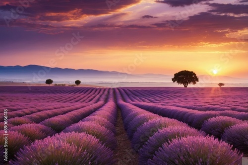 Breathtaking landscape of lavender field in full bloom at sunrise with mountains and hazy sky in background