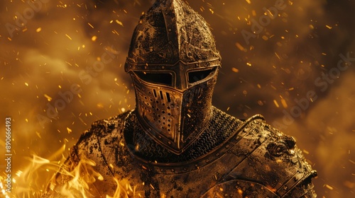 A knight in full armor stands defiantly in a fiery inferno, sparks raining down